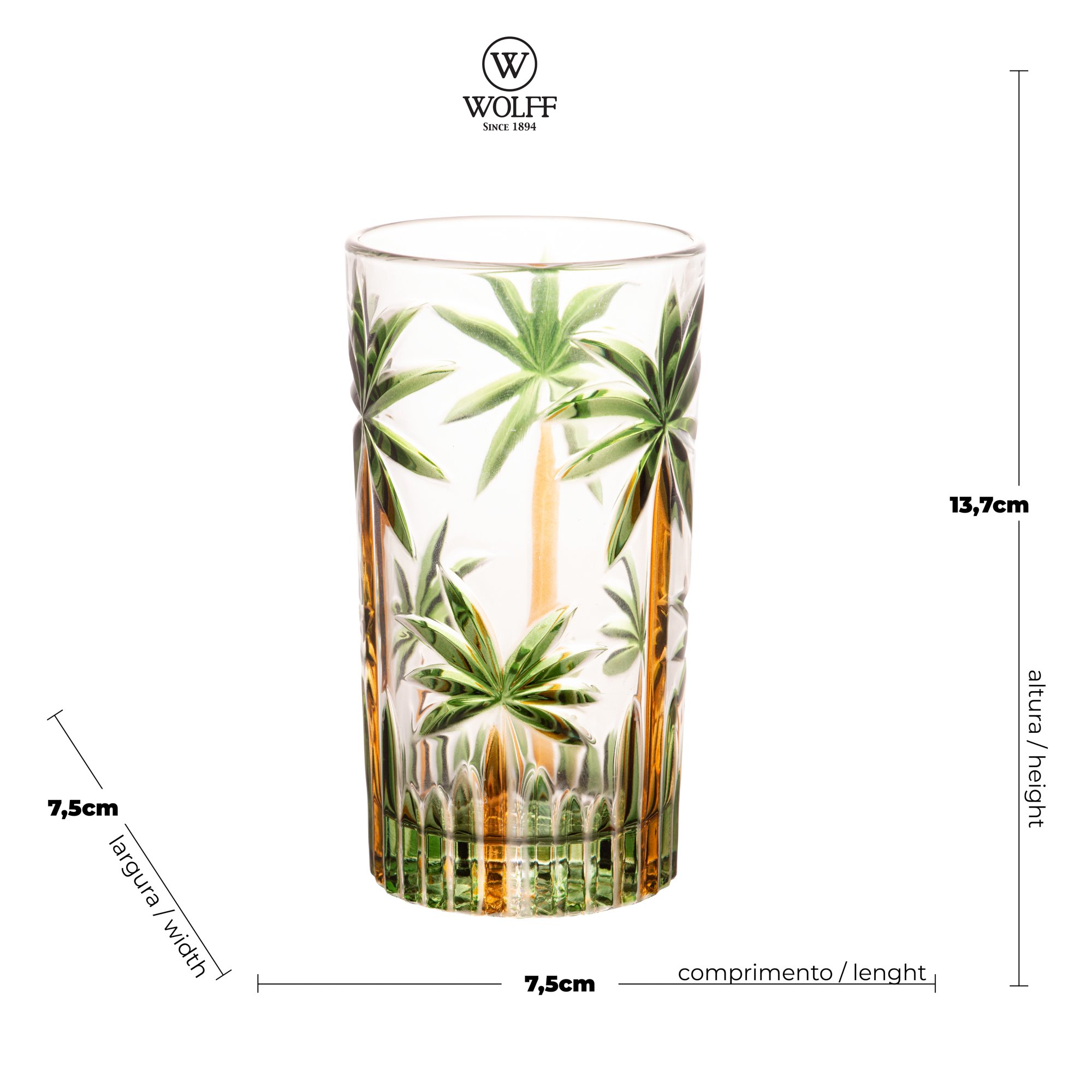 Cj 6 Copos Altos Cristal Palm Tree Handpaint 360ml Wolff
