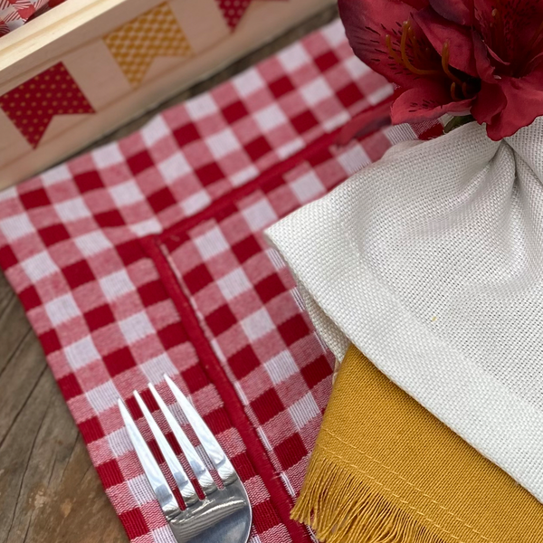 jogo americano barra bordada xadrez vermelho charm decor c