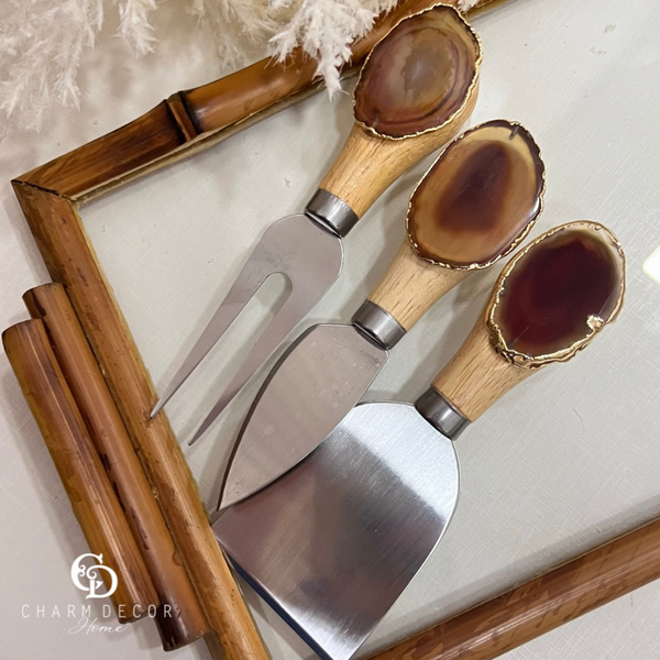 kit 3 pecas para queijo de bambu e pedra agata marrom charm decor a