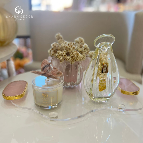 bandeja de acrilico com pedra quartzo rosa claro com borda banhada ouro 24k m band 002 charm decor b