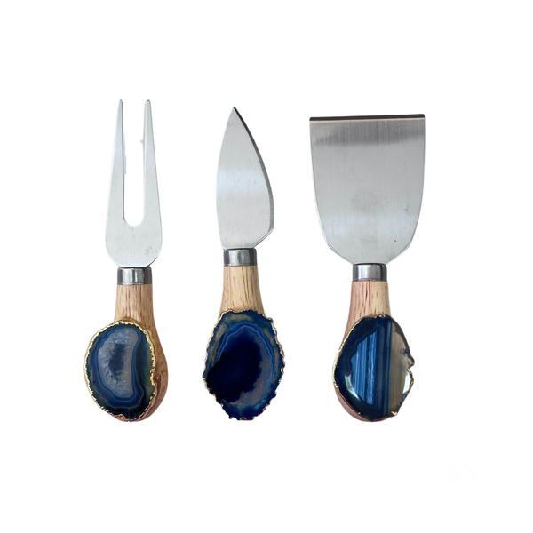 kit 3 pecas para queijo de bambu e pedra agata azul charm decor b