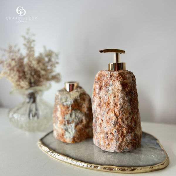 kit lavabo difusor e saboneteira pedra quartzo ambar charm decor b