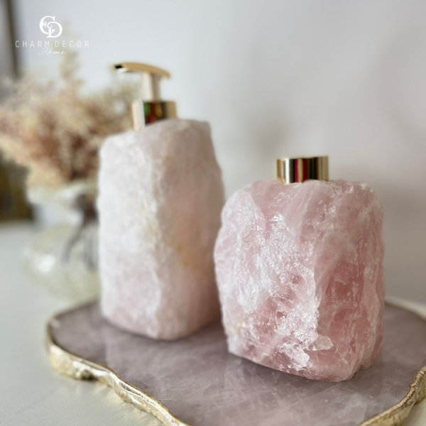 kit lavabo difusor e saboneteira pedra quartzo rosa charm decor b