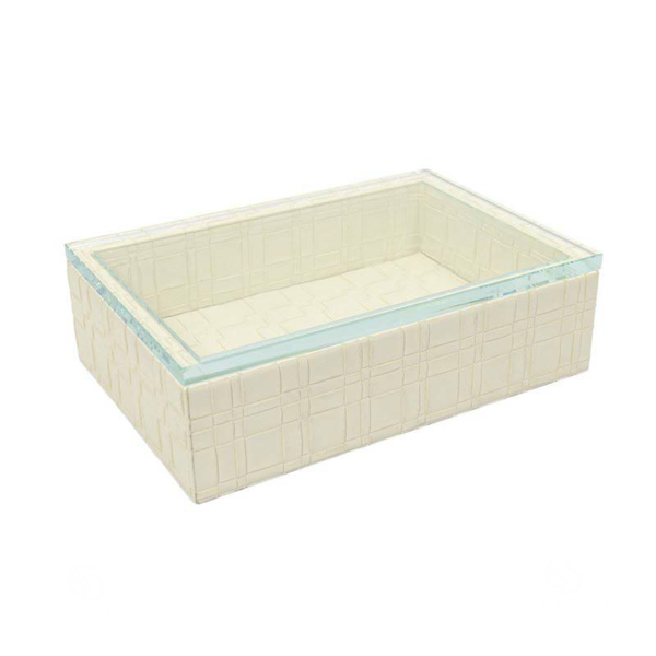 caixa decorativa em mdf com revestimento em pu creme e tampa de vidro g 58699 charm decor