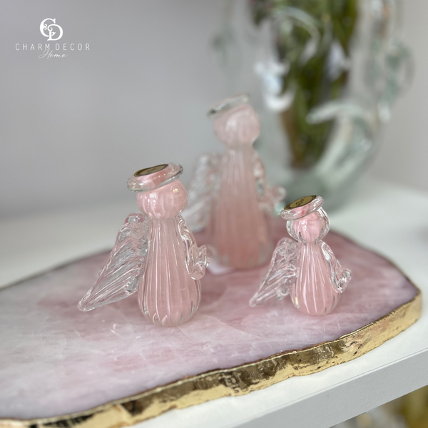 trio de anjos em cristal jade rosa charm decor a