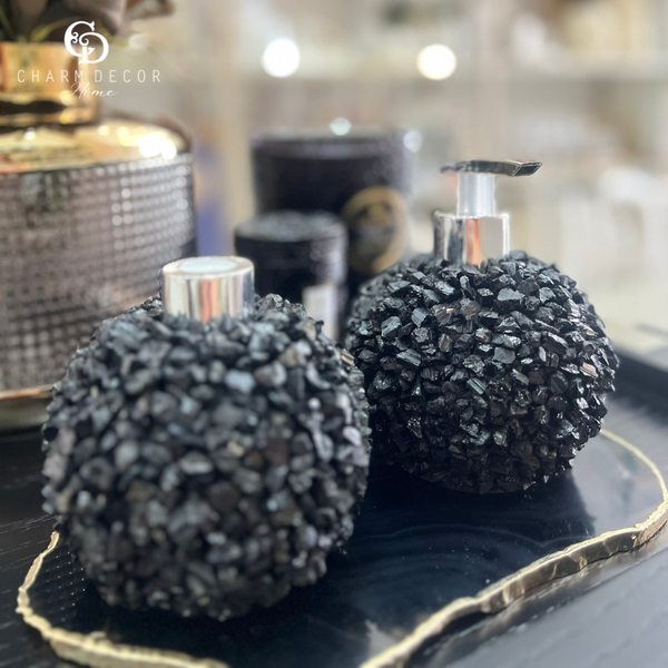 kit lavabo difusor e saboneteira pontas de quartzo preto e prata kitpontas12 charm decor