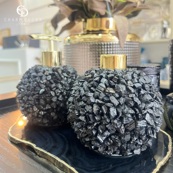 kit lavabo difusor e saboneteira pontas de quartzo preto e dourado kitpontas11 charm decor