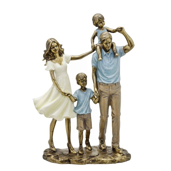 escultura familia decorativa pais com casal de filhos azul e bege charm decor