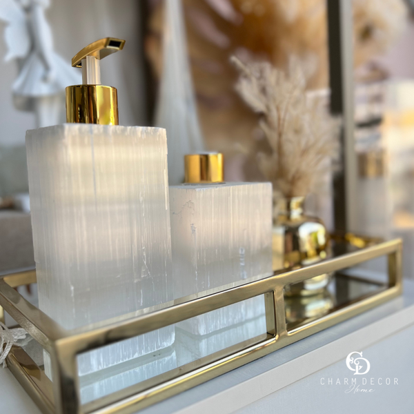 kit lavabo difusor e saboneteira cristal selenita e dourado kitselenita01 charm decor b