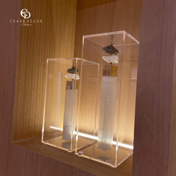 caixa de acrilico decorativa com pedra selenita pirita g charm decor cupula17 b