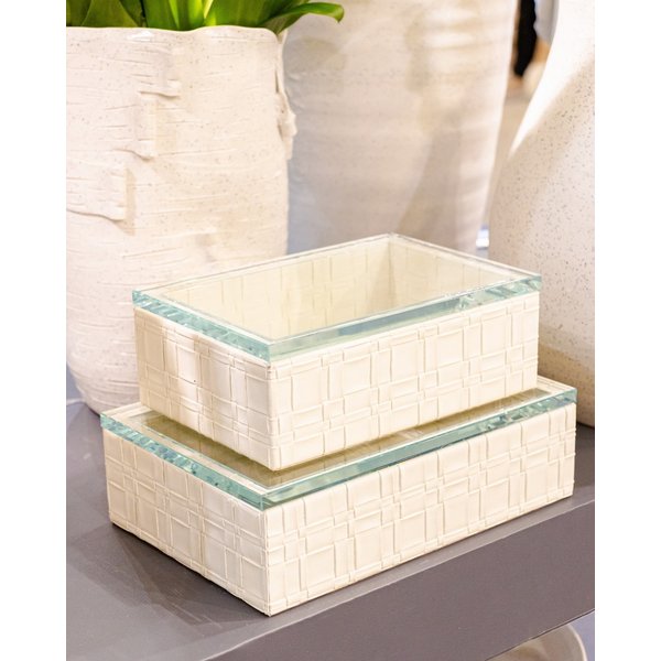 caixa decorativa em mdf com revestimento em pu creme e tampa de vidro g 58699 charm decor a 1