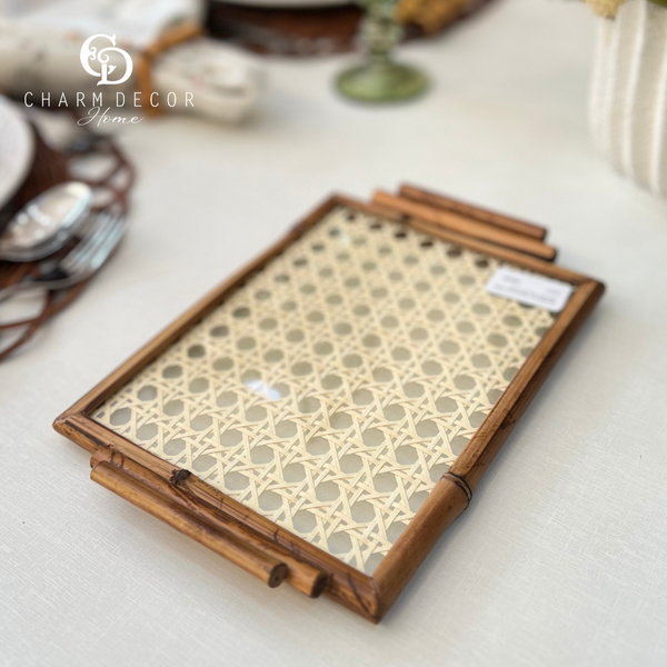 bandeja mini tigrada com palha natural e vidro 21x17cm ba353 charm decor b