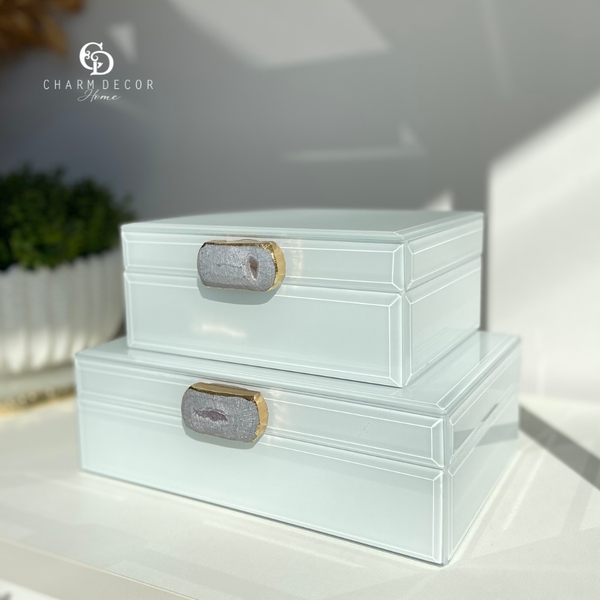 caixa em madeira e vidro branco com pedra agata p 9x19x17cm 71804 charm decor b
