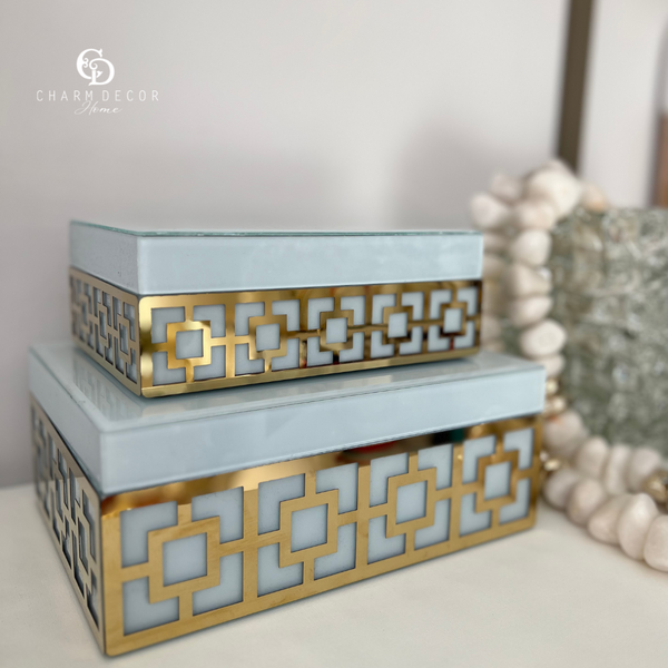 cj 2 caixas de madeira e vidro branco com detalhes de metal ah0331 charm decor b