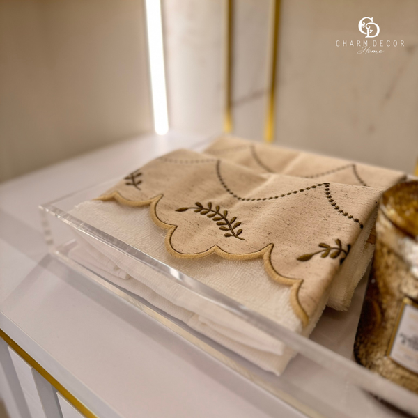 toalha de lavabo com linho e bordado folhas dourada lbr07 charm decor b