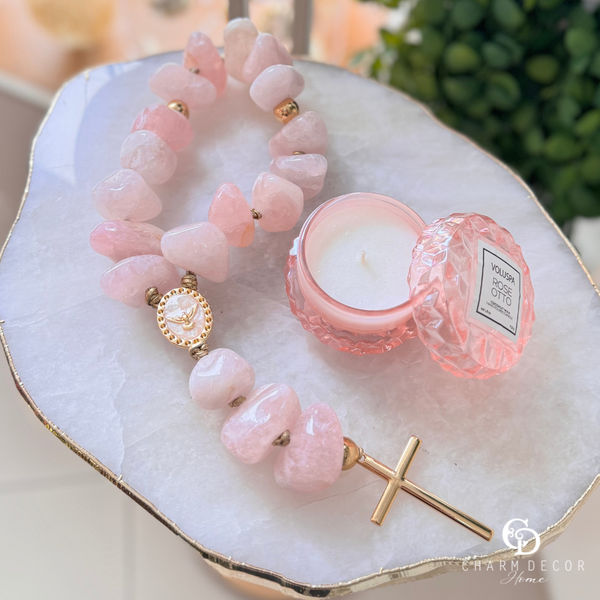 terco decorativo divino espirito santo pedra quartzo rosa charm decor a