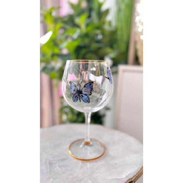 taca para gin cristal pintada a mao borboleta azul taca 16