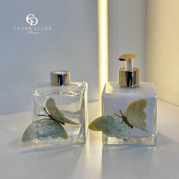 kit lavao difusor e saboneteira borboleta verde claro charm decor b