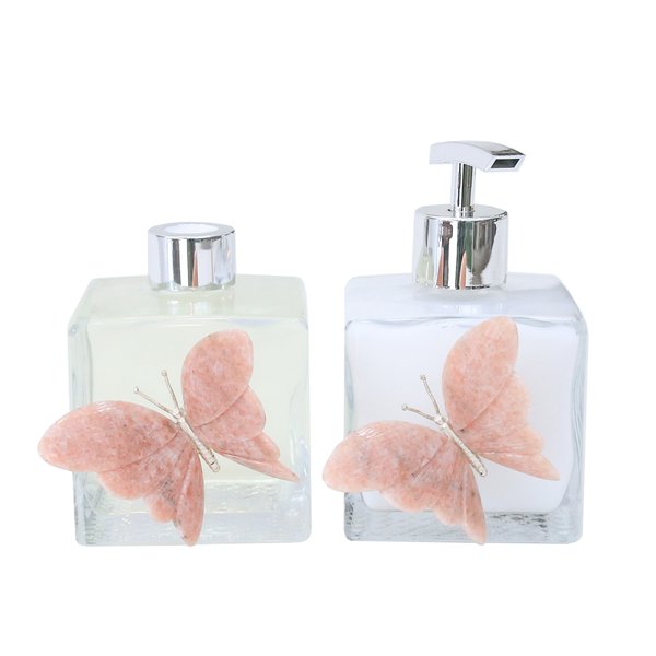 kit lavabo difusor e saboneteira borboleta rosa charm decor