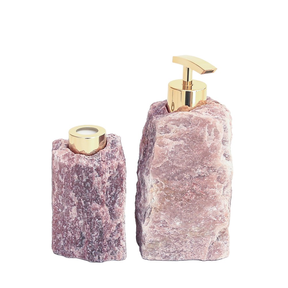 kit lavabo difusor e saboneteira cromado dourado pedra quartzo fucsita vermelha charm decor