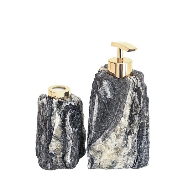 kit lavabo difusor e saboneteira cromado dourado pedra quartzo mica preta charm decor